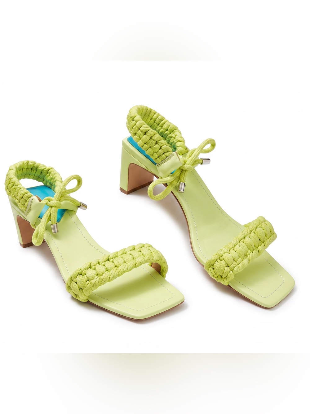 Schutz Leather Braided Mid-Heel Sandals - Blair in Lime Green ChartrNew Size 5.5